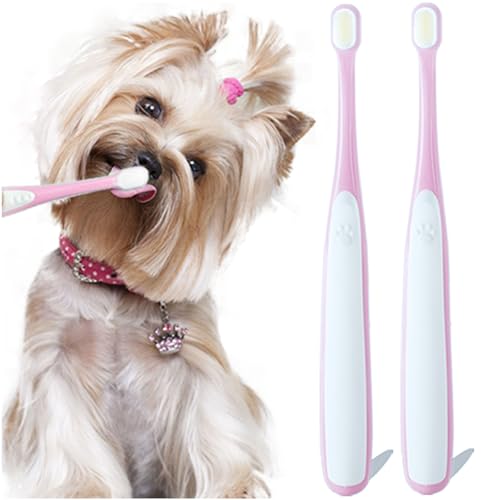Image of Small Dog Toothbrush, Cat & Puppy Tooth Brushing Kit, Ultra Soft & Mini Head Teeth Brush for Kitten & Tiny Pet 2 PCS, Pink