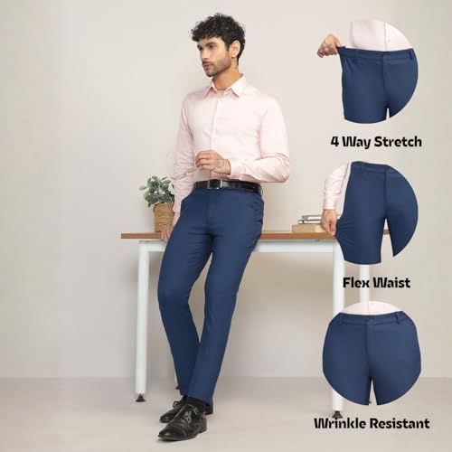 Image of SUBTRACT Men 4 Way Stretch Wrinkle Free Slim Fit Formal Trouser in with 2 Inch Flexible Waistband | Men's Trousers for Office Or Party