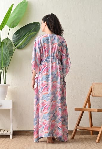 Image of Ichaa Women's Pink Rayon Printed Round-Neck Kaftan-Style Free Size Nighty with Drawstring