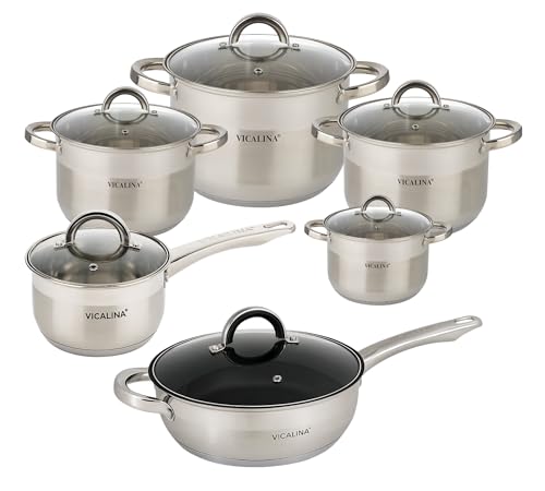 Edelstahl Kochtopf Set 12-teilig mit Glasdeckel – Induktionsgeeignetes Topfset – Spülmaschinenfest & hitzebeständige Griffe – Hochwertiges Kochgeschirr für alle Herdarten inkl. Induktion