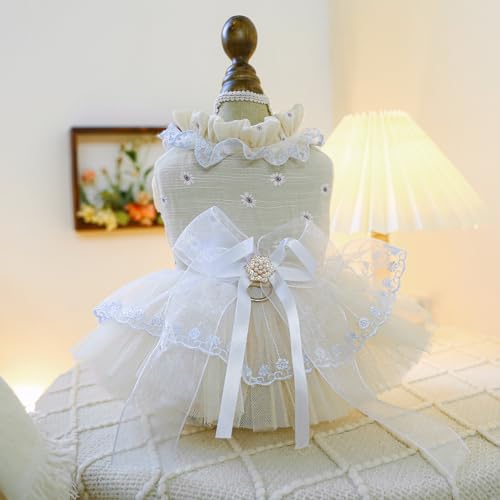 Image of HDKUW Small Dog Dress, Girl Puppy Lace Princess Skirt Tutu Dress with Bowknot,Chihuahua Yorkie Clothes Outfit for Birthday Wedding Party Beige Daisy XS