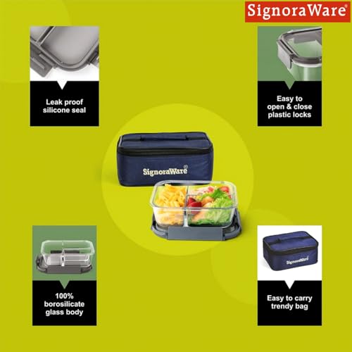 Image of SignoraWare Slim Borosilicate Glass Lunch Box With Bag | Airtight & Leakproof | Microwave Safe | Crack Resistant | Ideal for Office, Picnic & Outdoors | Great for Storing Leftovers (1 Ltr | Clear)