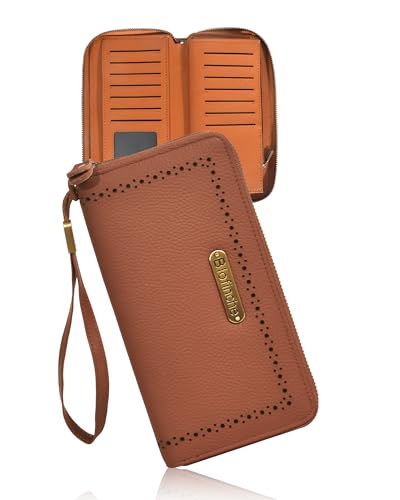 Large Genuine Leather Women Wallet Bifold Purse Clutch RFID Block Card Holder Zipper Wristlet Strap for Ladies Checkbook
