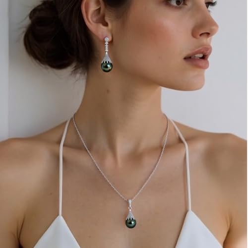 Genuine Tahitian Black Pearl Earrings, 8-11mm AAAA Grade Handpicked Natural Seawater Pearl Stud Earrings with D Color Moissanite & 18K White Gold Plated Sterling Silver, Luxury Jewelry Birthday Gifts for Wife, Women, Mother, Mom, Girlfriend, Anniversary, Christmas2