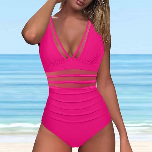 Generic Women Sexy Mesh Tummy Control Swimsuits 2024 Deep v Neck Push Up One Piece Bathing Suit High Waisted Ruched Swimsuit2