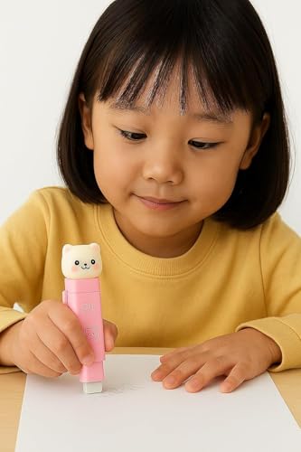 Image of Parshya Pink Retractable Stick Eraser with Cute Animal Topper | Mess-Free & Refillable | Unique Kawaii School Supplies for Girls (1-Pack)