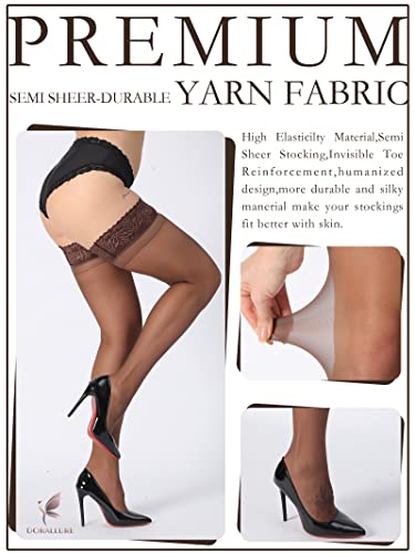 Image of DORALLURE Thigh High Stockings Silicone Lace Top Stay Up Silky Semi Sheer Pantyhose for Women Hold Up Nylon