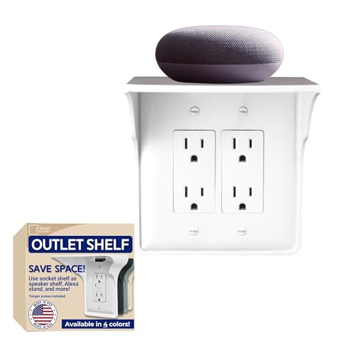 Power Perch Double Wall Outlet Shelf with Cord Storage Strap – Bathroom Shelf for Electric Toothbrush and Toiletries – Small Wall Shelves for Homepod Mini, Echo Dot Stand – Easy Install, White, 1-Pack