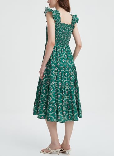 Ladyful Women's Floral Midi Dress Smocked Square Neck Boho Sleeveless Ruffle Strap Beach A-Line Flowy Sundress3