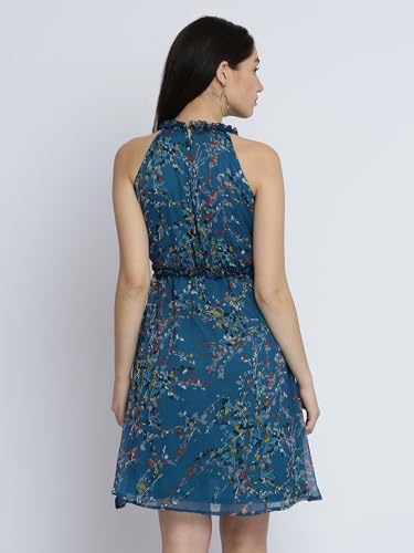 Image of Miss Chase Women's Round Neck Sleeveless Floral Ruffled GatheKnee-Long Skater Dress