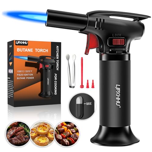 Butane Kitchen Torch Lighter with Fuel Gauge, Refillable Blow Torch with Safety Lock, Adjustable Flame for Cooking, Baking, BBQ, Brulee Creme, DIY Crafts Soldering (Butane Gas Not Included), Black