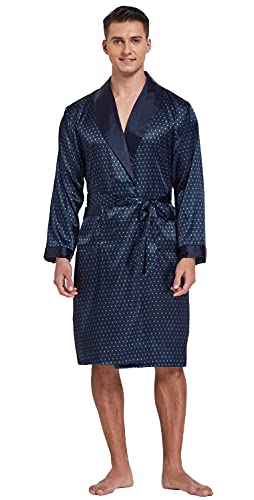 Image of TONY AND CANDICE Men's Satin Robe Lightweight Long Sleeve Silk Kimono Bathrobe with Shorts Set Sleepwear