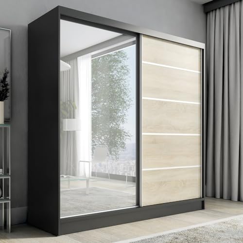 A&J MöbelLand Schwebetürenschrank Nero Kleiderschrank 2-türig mit Schubladen und Spiegel, Garderobe 200 cm (Schwarz/Sonoma) A&J MöbelLand Schwebetürenschrank Nero Kleiderschrank 2-türig mit Schubladen und Spiegel, Garderobe 200 cm (Schwarz/Sonoma)