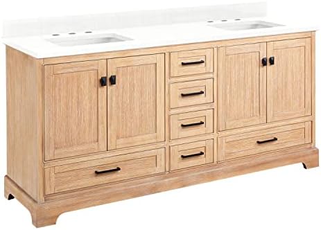 Signature Hardware 483491 Quen 72" Free Standing Double Basin Vanity Set with Cabinet, Vanity Top, and Undermount Sink - 3 Faucet Holes - Driftwood Brown/Feathered White Quartz