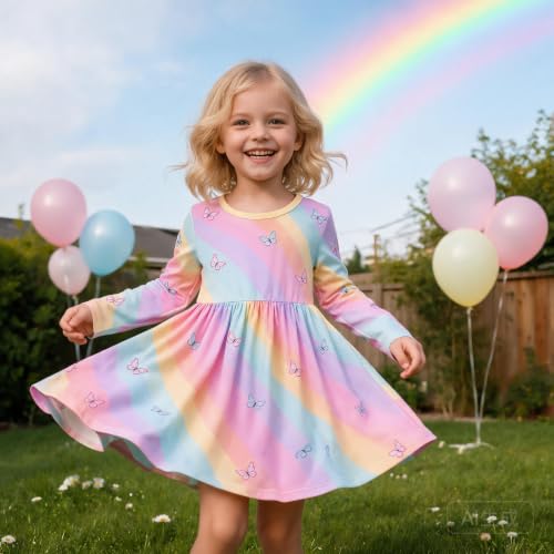 Image of Tkria Toddler Girls Rainbow Dress Striped Fall Dress Cartoon Colourful Long Sleeve Casual Dressy 2-7T
