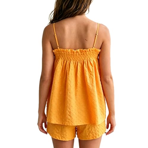 Image of SOOKABEILA Women 2 Piece Lounge Set Sleeveless Striped Cami Peplum Top Boxer Shorts Loose Ruffle Matching Pj Sets Outfits