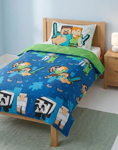 Minecraft Pixel Friends Blue Single Duvet Cover Set | Bedding with Pillowcase | Steve Alex Creeper Character Print Quilt Cover | Kids Bedroom Decor | Single Bed Set Merch