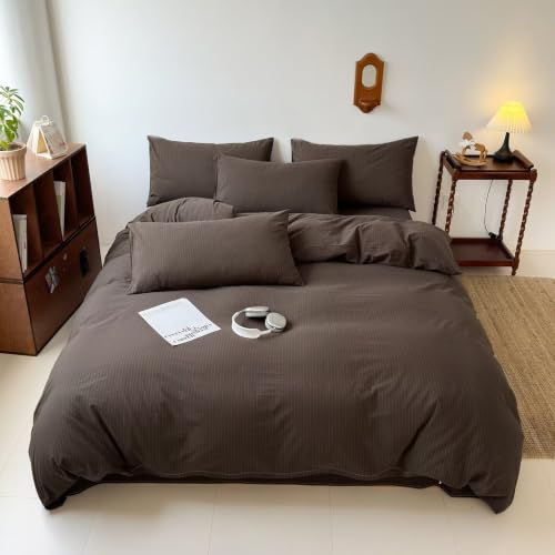 Image of PinkMemory Brown Striped Duvet Cover King White Pinstripe Duvet Cover Bedding Set 100% Washed Cotton Stripes Patterned 3pcs Retro Striped Bedding with Zipper Closure Corner Ties,Soft Breathable