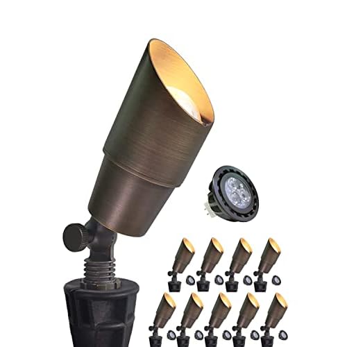 MALORY Brass Landscape Spotlight 10-Pack with MR16 Bulb Kit(S04), Low Voltage 12V AC/DC Shroud Adjustable Outside Yard Lights,PVC Ground Stake and Wire Connector Included, 5W 2700K Warm Whit