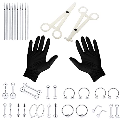 Vsnnsns Piercing Kit Stainless Steel Nose Septum Piercing Kit 12G 14G 16G 18G 20G Piercing Needles Ear Nose Septum Belly Button Ring Tongue Lip Eyebrow Cartilage Rings Body Piercing Tools Silver