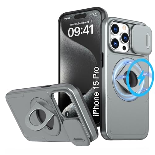 Image of LuxuryKase MagSafe Shockproof Rugged Back Case for iPhone 15 Pro | Finger Ring Kickstand & Sliding Camera Cover | Military Drop Protection | Wireless Charging Support - Grey