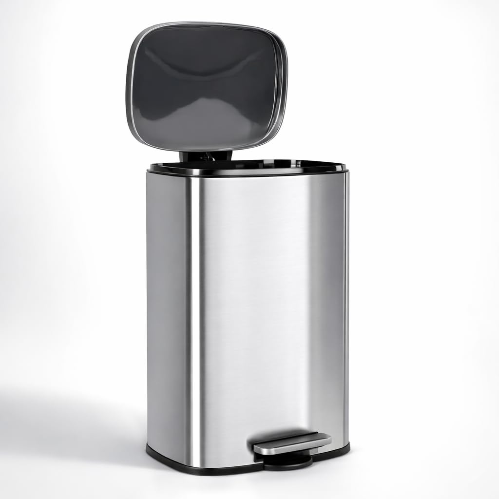 T-LOVENDO.ES Cubo de Basura 50L Grande de Acero Inoxidable con Pedal | Papelera con Tapa Anti-Olores | Sistema Sujeta Bolsas | Diseño Moderno | Apertura Suave y Silenciosa | Cocina Baño Oficina