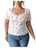 SOLY HUX Women's Plus Size Lace Trim Tops Cherry Print T Shirts Short Sleeve Fitted Aesthetic Tees Coquette Clothes White Cherry 3X-Large Plus