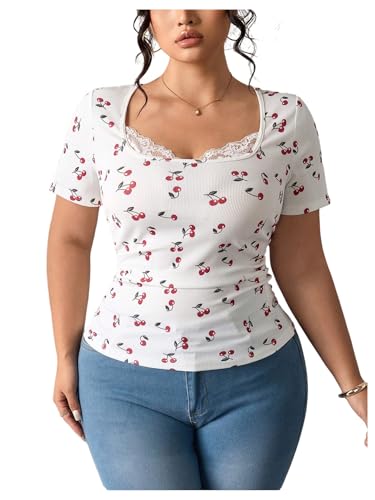 SOLY HUX Women's Plus Size Lace Trim Tops Cherry Print T Shirts