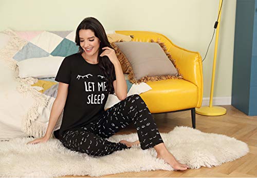 Eishopeer Women's Pajama Set Printed Short Sleeve Top & Long Pants Sleepwear Pjs Sets Black S #TOP3