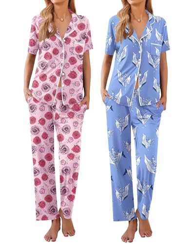 Image of Ekouaer 2 Pack:Womens Pajamas Short Sleeve Pjs Notch Collar Button Up Loungewear Cozy Sleepwear Sets