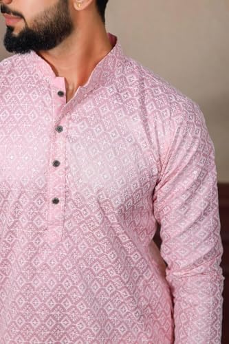 Image of LookMark Men's Printed Silk Blend Kurta with Mandarin Collar, Full Sleeves, Straight Fit Traditional Ethnic Wear