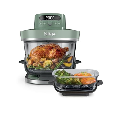 Ninja CRISPi PRO XL Glas-Heißluftfritteuse (Air-Fryer) 5 voreingestellte Zubereitungsfunktionen CleanCrisp-Glasbehälter (5 7 l und 2 3 l) und Aufbewahrungsdeckel Moosgrün AS090EUGN