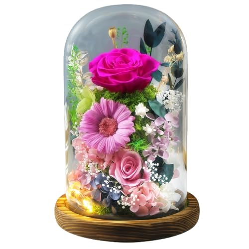 OGXNプリザーブドフラワー、仏花、ブリザーブドフラワーアレンジメント、LEDライト付き、ガラスドーム保護、永久保存可能、菊とバラのデザイン、一対セット、仏壇用・供花・法事・49日法要・お盆・お彼岸・告別式・枕花・ペット供養・喪中見舞いに対応 (ローズレッ