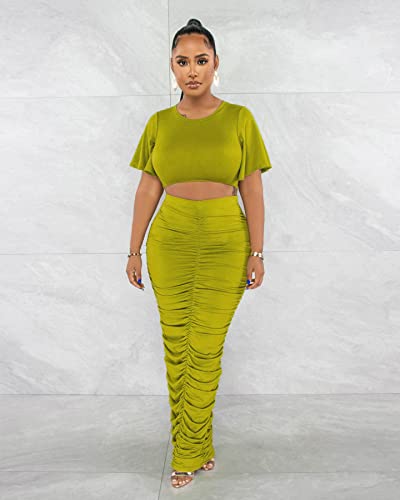 Image of YUEWOO 2 Piece Outfits for Women Sexy Crop Top Ruched Bodycon Maxi Dresses Fringe Skirt Sets Night Club Jumpsuits