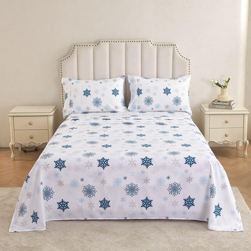 Image of Mooreeke Twin Christmas Sheets Set - 3 Pieces Soft Breathable Microfiber Bed Sheet Set - Blue Snow Pattern Sheet Set - Deep Pocket Non-Slip Winter Printed Fitted Sheet Included for Winter