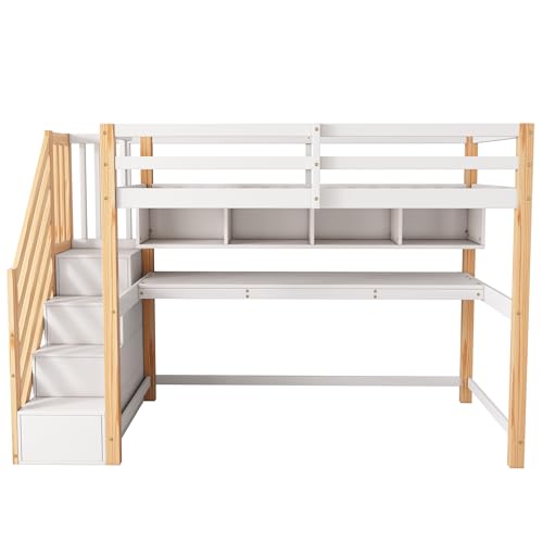 Gegtuon Etagenbett Bett 90x200 mit Tisch für Kinder, Kinderbett mit Stauraum Treppe & Regal, Hochbett Hausbett Bettgestell mit Lattenrost & Rausfallschutz für Kinderzimmer, ohne Matratze, Weiß&Natur