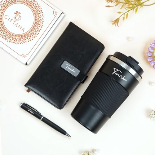 Image of Giftana Personalized Diary with Pen, Coffee Tumbler 510ml with Name, 3 in 1 Customized Diary, Pen, Tumbler, Personalised Gifts for Husband, Corporate Gifts for Employee (Black)