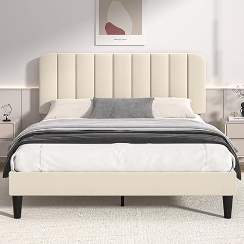 VECELO Full Size Upholstered Bed Frame with Adjustable Headboard, Velvet Platform Bedframe Mattress Foundation, Strong Wood Slat Support, No Box Spring Needed, Beige Cover