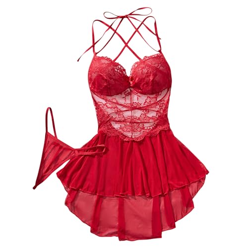 Sexy Chemise Lingerie for Women Lace Mesh Babydoll Nightdress Fashion See Through Teddy Bodysuit Pajamas with Thong Wine