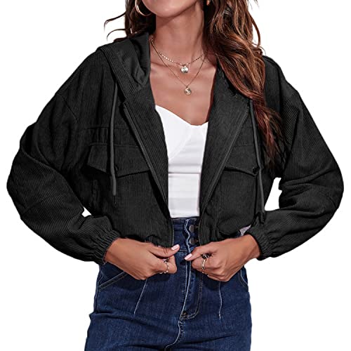 Lu's Chic Women's Hoodie Jacket Zip Up Cropped Tops Long Sleeve Hood Corduroy Coat Zipper