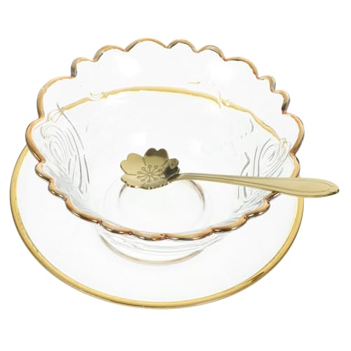 Uonlytech Cuenco Grande de Vidrio con Borde Dorado para Servir Ensaladas Postres y Aperitivos Elegante con Cuchara y Plato para Frutas y Cocina Diaria