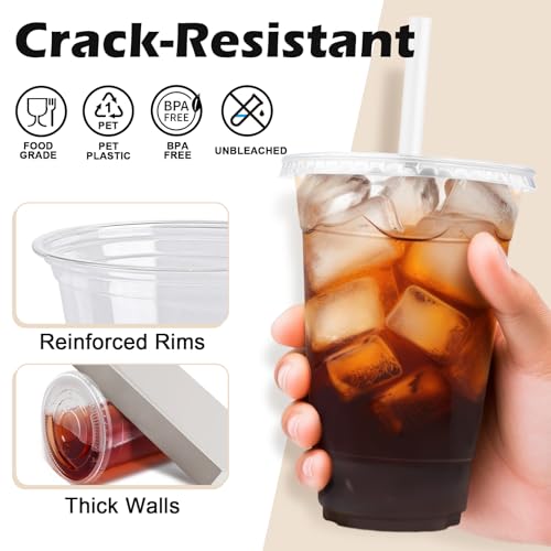 image for Lamosi 100 Pack 16 oz Clear Plastic Cups with Lids and Straws, Disposa