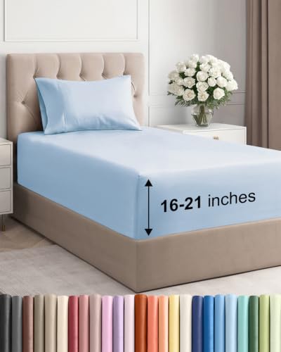 Image of Extra Deep Pocket Twin XL Size Sheet Set - Breathable & Cooling - Sky Blue