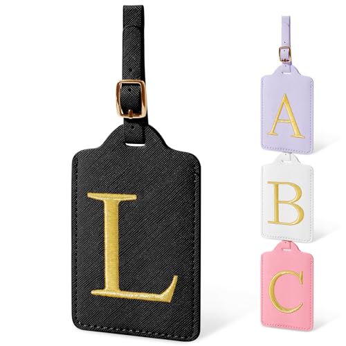 Image of Personalized Initial Luggage Tags for Suitcases, Cute PU Leather Embroidered Letter Travel Luggage Tags, Suitcase Identifier Name Baggage Tag, Bag Tags for Men Women Kids Luggage Handbags(Black L)