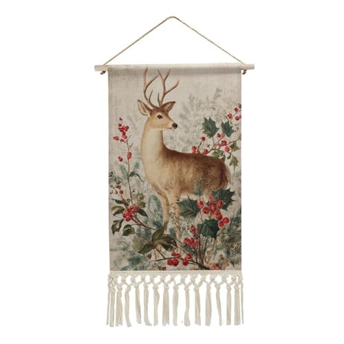 Jubonexis Arazzo da parete in lino, poster vintage da parete con renne sempreverdi, con nappe e asta in legno