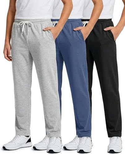 Real Essentials 3 Pack: Boys' French Terry Open Bottom Sweatpants Sweats for School Kids Teens with Pockets- Set 8, M