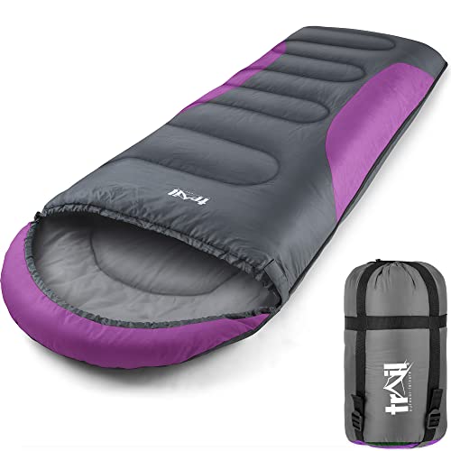 Trail - Saco de dormir con capucha cómoda, para adultos individuales, 3 estaciones, resistente al agua, ligero, con bolsa compacta, para exteriores, camping, relleno de 250 g