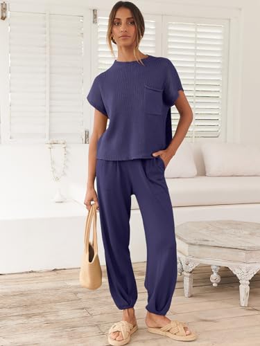 Image of ANRABESS Women's Two Piece Outfits Sweater Sets Knit Pullover Tops and High Waisted Pants Tracksuit Lounge Sets