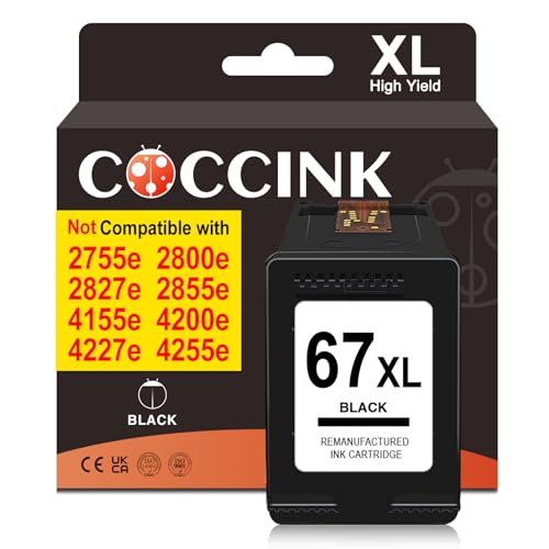 COCCINK 67 XL for HP 67XL Black Ink Cartridge for HP Envy 6000 Ink Cartridges Envy 6055e 6034e 6052e 6065e 6400 6452e 6455e 6458e Printer Remanufactured for 67XL HP Ptiner Ink 67 Black HP67 (1 Black)