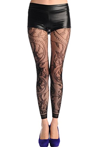 FIYOTE Women Flower Pattern High Waist Footless Lace Trim Pantyhose (One size, Black)